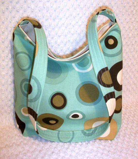 Hobo Bag Slouch Purse Multi-Use Bag Hobo Purse Market Tote Slouchy Bag Aqua and Brown Circles and Dots