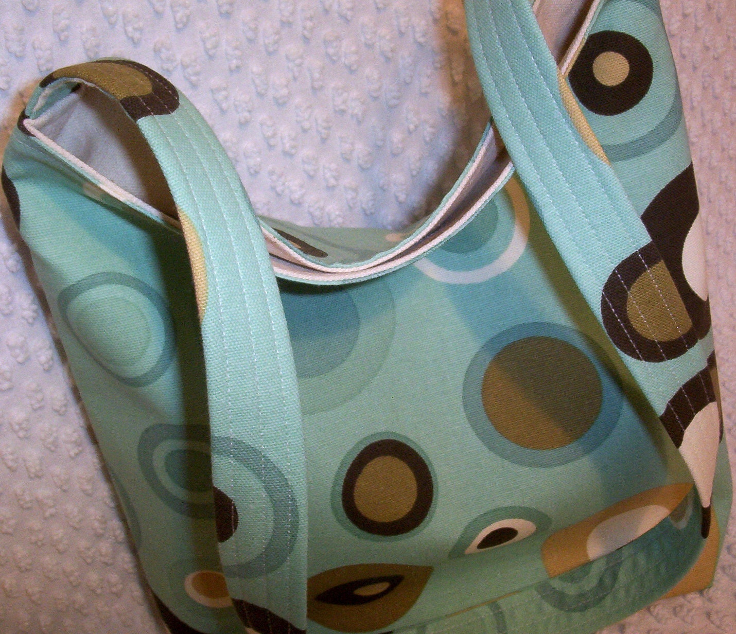 Hobo Bag Slouch Purse Multi-Use Bag Hobo Purse Market Tote Slouchy Bag Aqua and Brown Circles and Dots