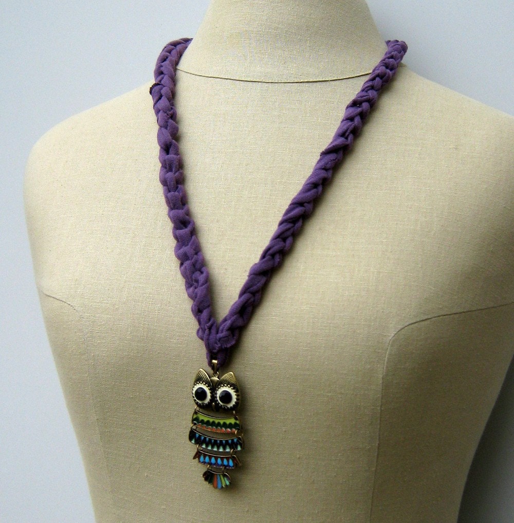 Recycled T-Shirt crochet necklace with owl pendant lariat Hippie neck wear