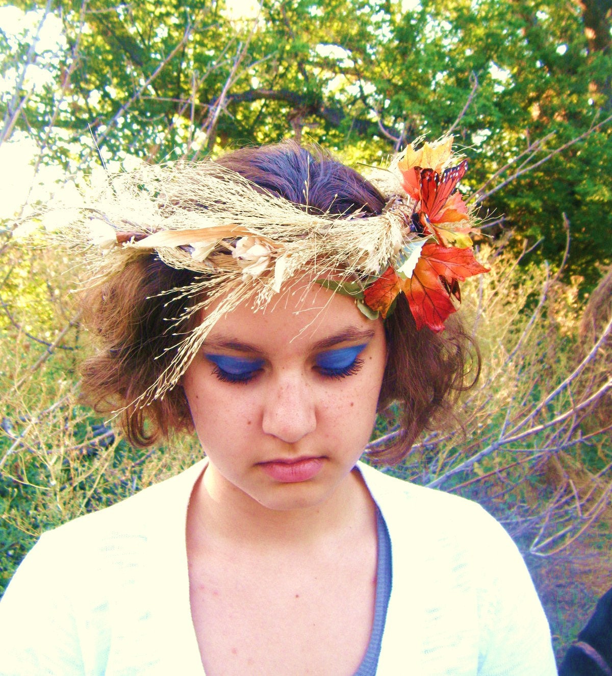 Bridal Crown Halo Headpiece with natural dried plants, orange Monarch butterfly cream flowers and autumn leaves