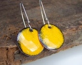 Etsy, Enamel, Mustard Yellow Enamel on Copper Disc Earrings, Yellow, Etsy Jewelry, Enamel Jewelry, Gift, Yellow Earrings