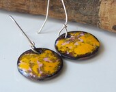Enamel Earrings:  Mixed Mustard Yellow and Light Pink Enamel on Copper Discs, Enamel on Copper, Enamel, Etsy, Etsy Jewelry