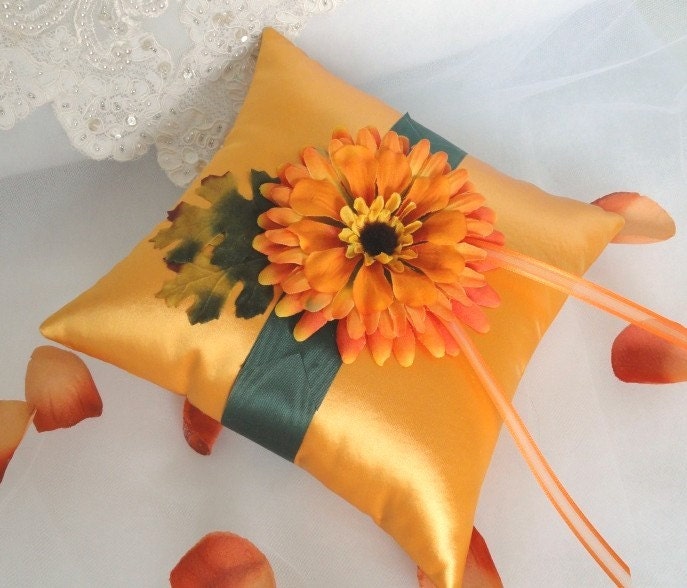 Golden Mustard Yellow-Green Ring Pillow with Fall Fantasy Flower