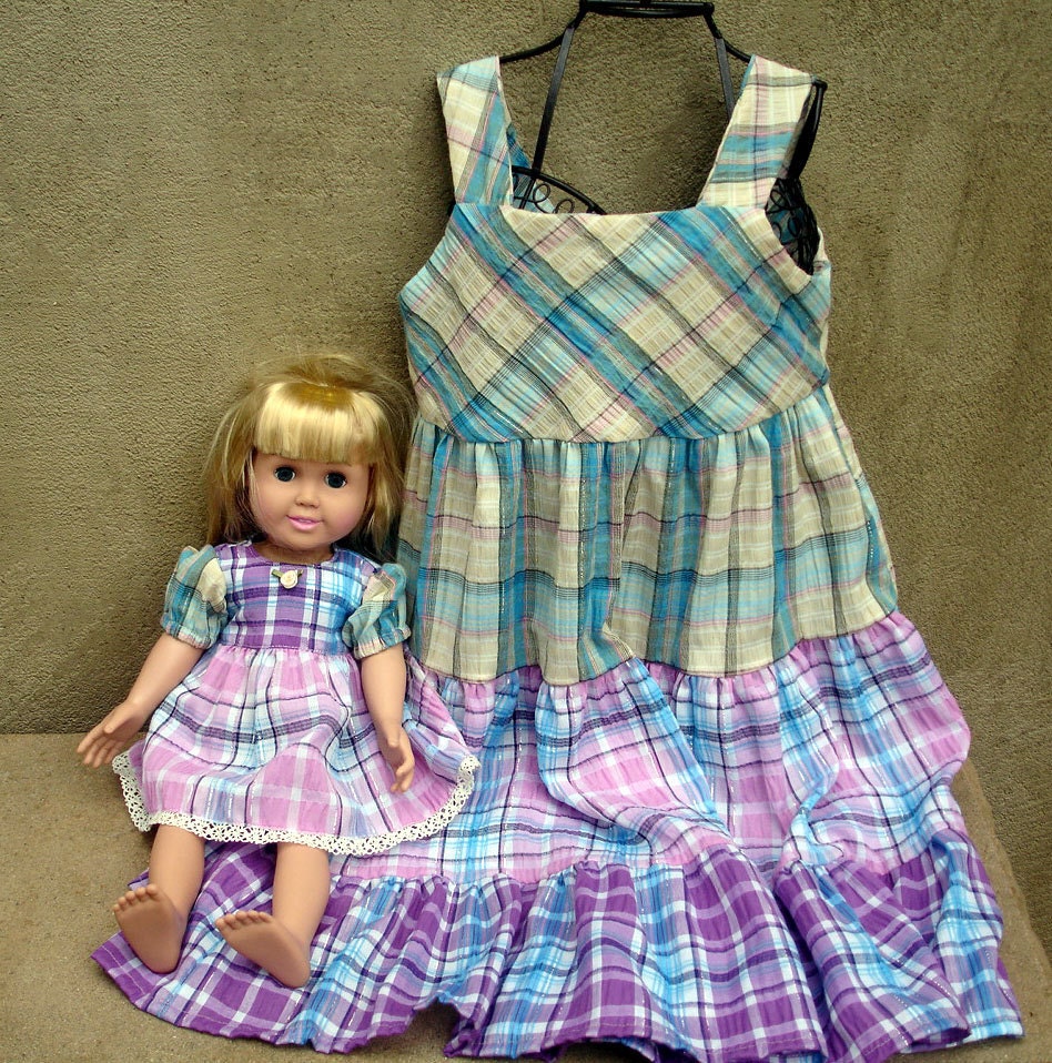 Easter Dress - Girl's Size 4 Dress in Spring Seersucker with Coordinating American Girl Doll Dress