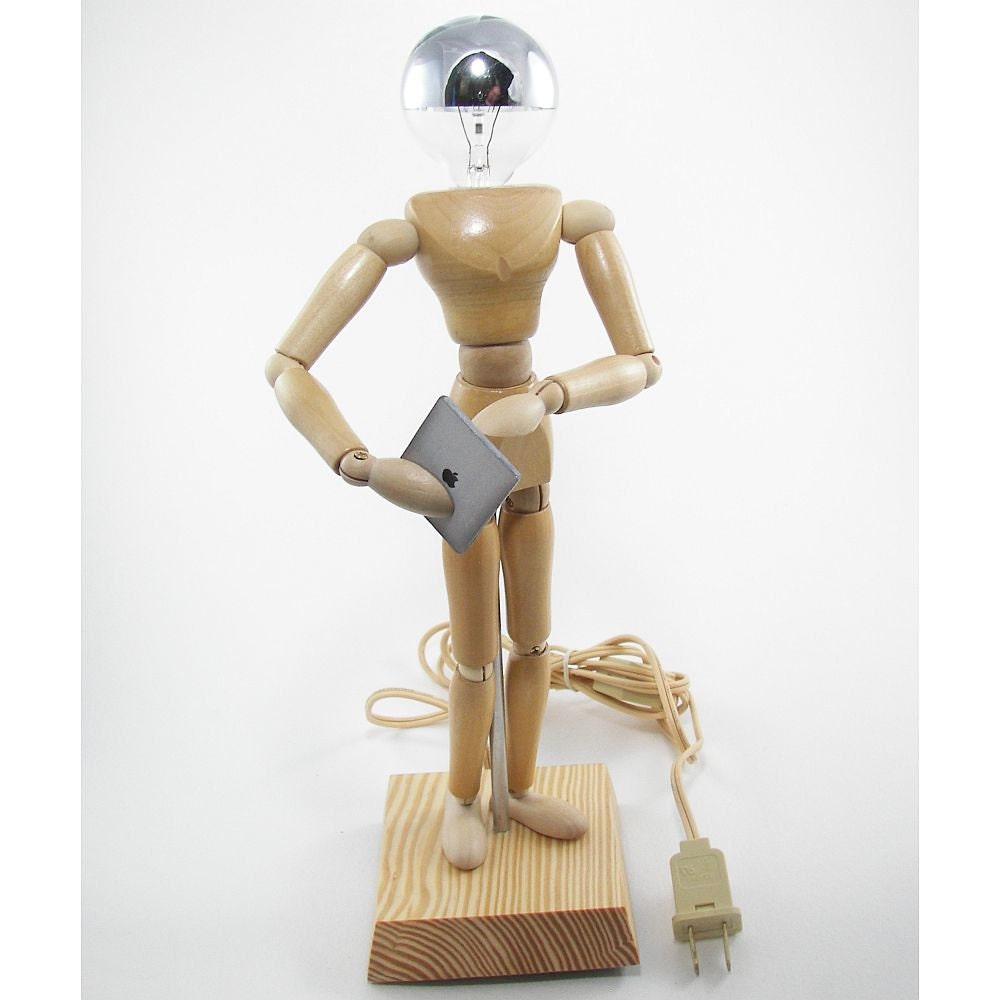 Wood Manikin Figure Lamp with Chrome Light Bulb and iPad