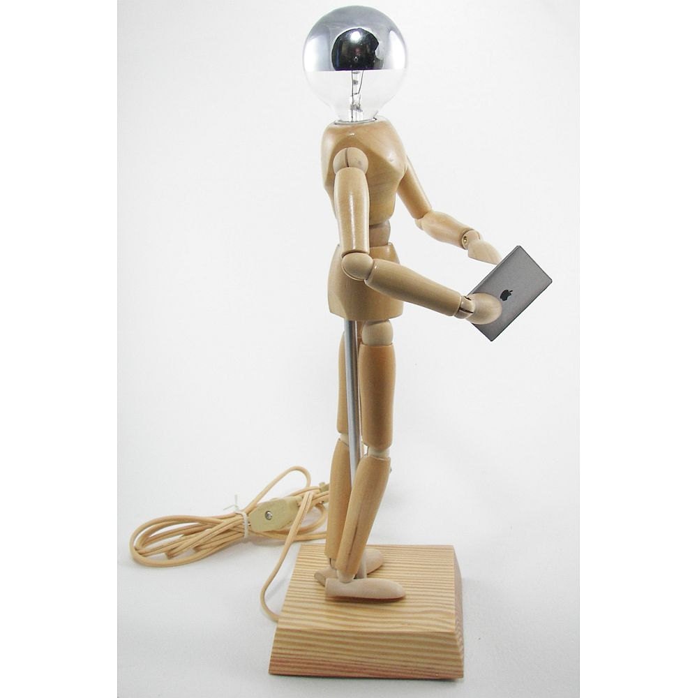 Wood Manikin Figure Lamp with Chrome Light Bulb and iPad