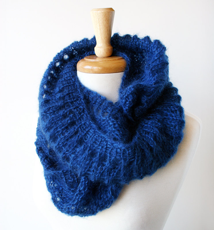 Fall Winter Fashion - Knit Snood Scarf - Mohair and Silk Cowl - Sapphire Blue - TickledPinkKnits