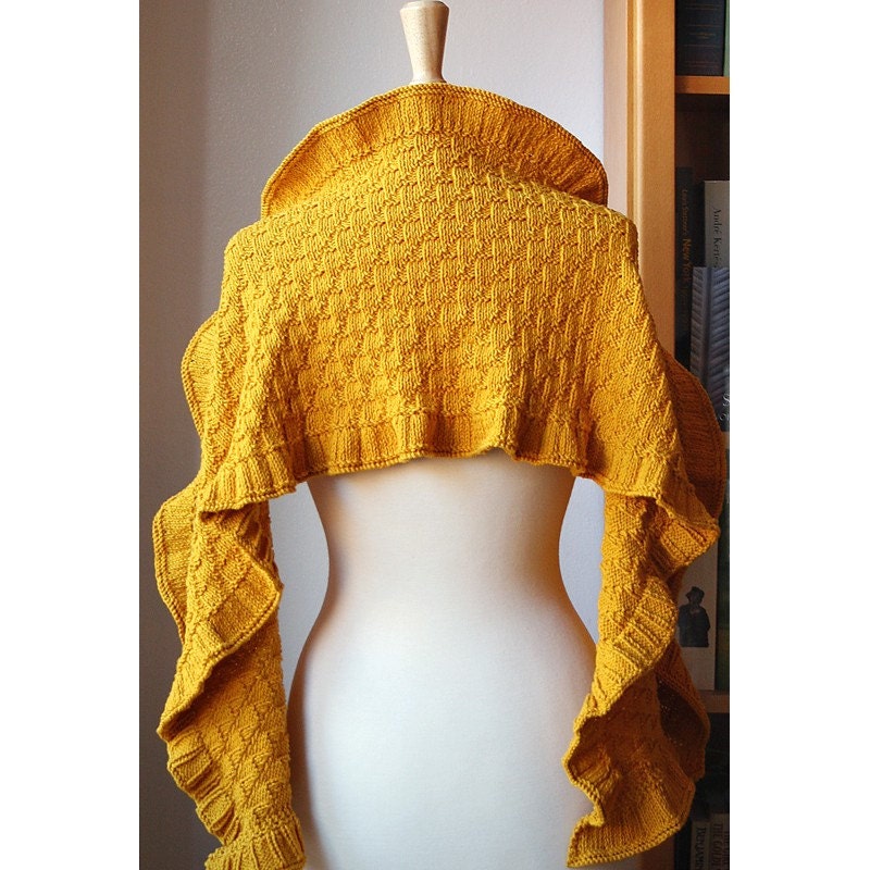 Rococo Knit Shawl - Merino Wool and Cotton Wrap - Wedding Shawl / Wrap / Bolero / Shrug - Mustard Yellow