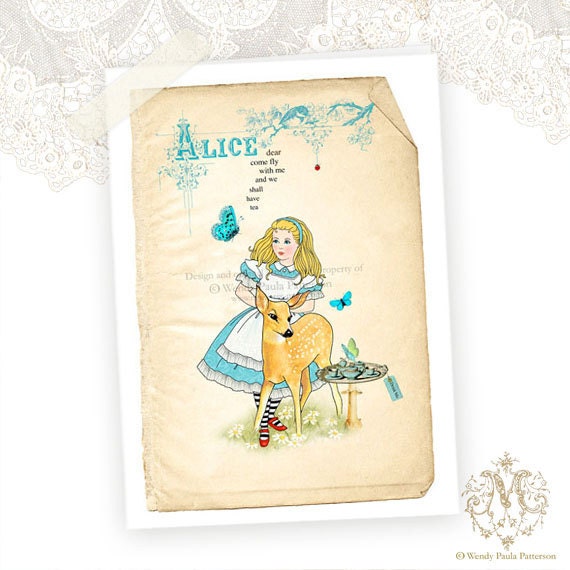 Alice in Wonderland Greeting Card, Woodland, Deer, Children, Birthday Card, Original Illustration