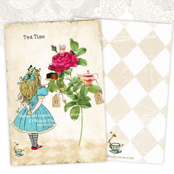 Alice in Wonderland, Invitation, Notecards, Tea Party, High Tea, Red Rose, Cake, Teapot, Teacups, Birthday, Vintage Style, Original Artwork
