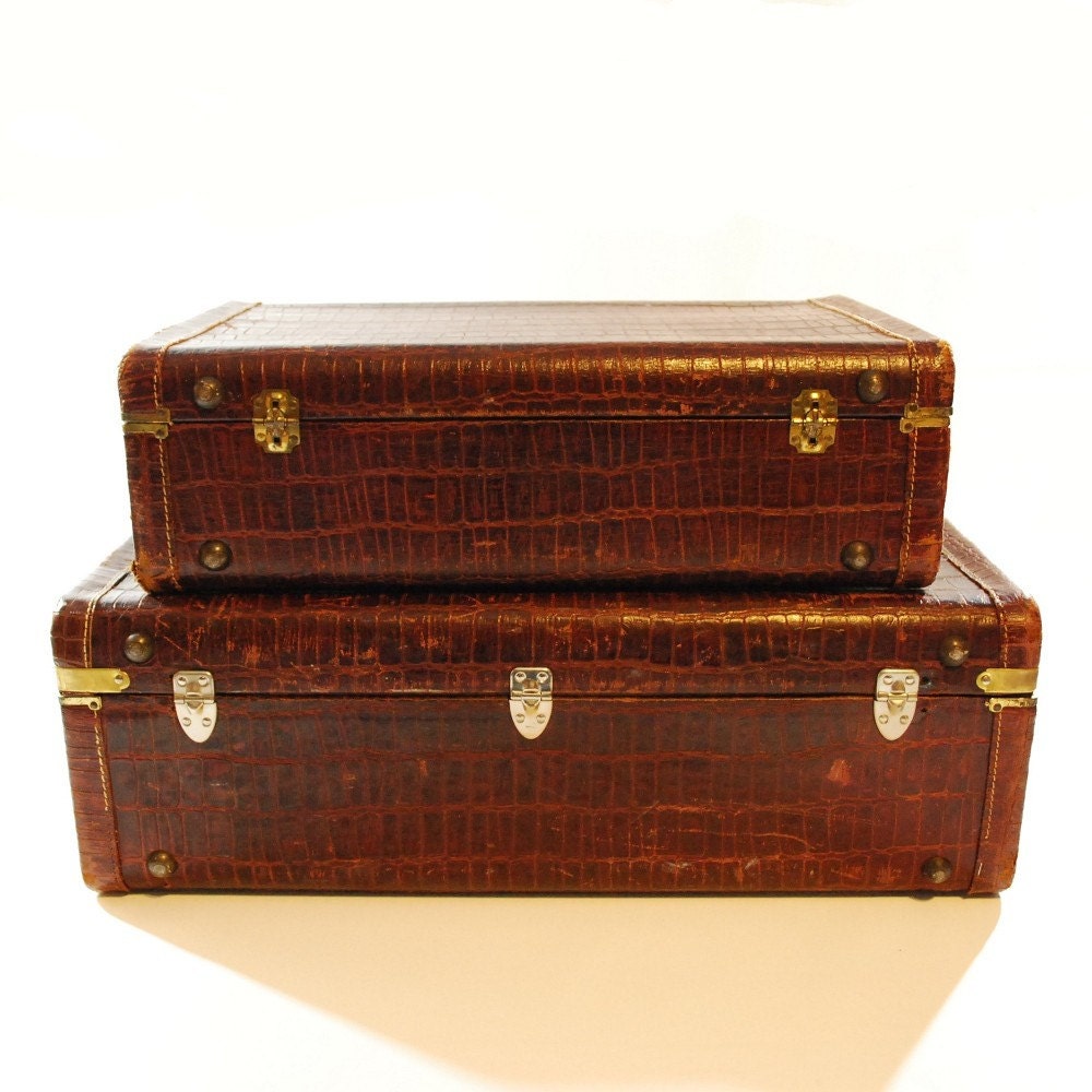 Set of Large Brown Leather Mock Crock Suitcases