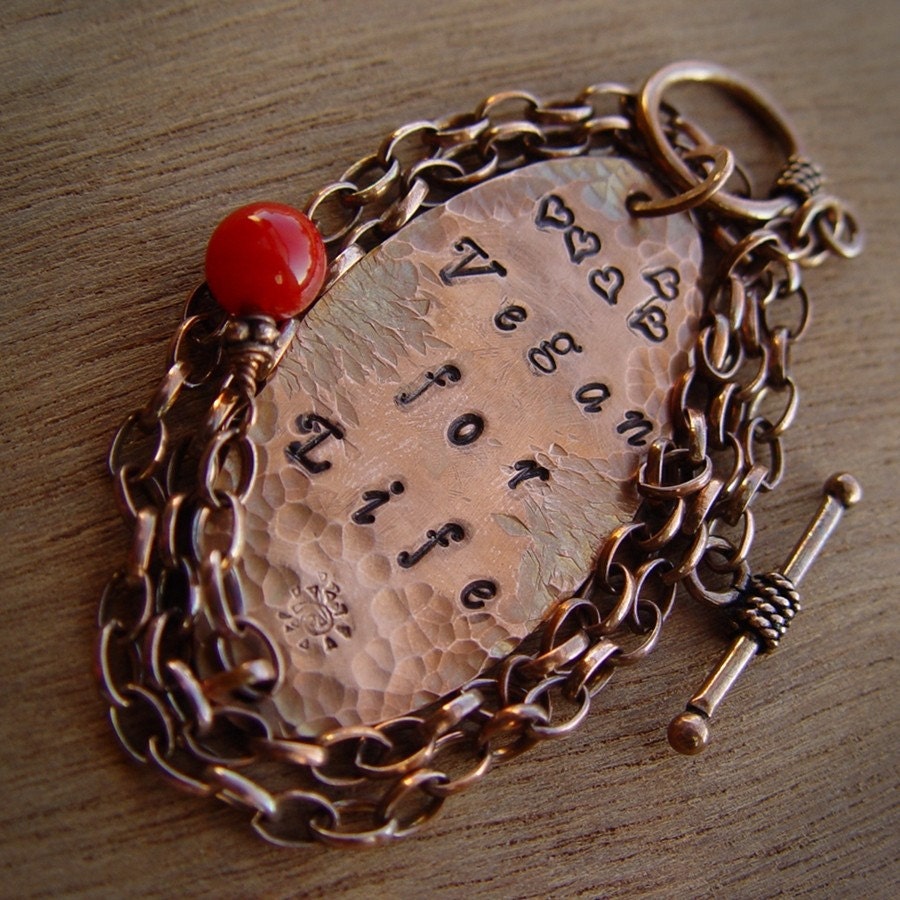 Vegan for Life hand stamped words copper necklace front closing clasp
