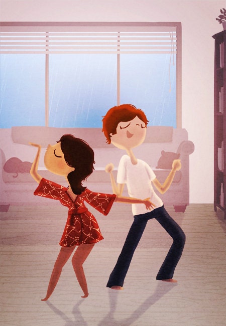 Couples Gift, Couple Art Print, Love Art, Cute Couple Dancing - "Dance Party" - Art Print 13x19