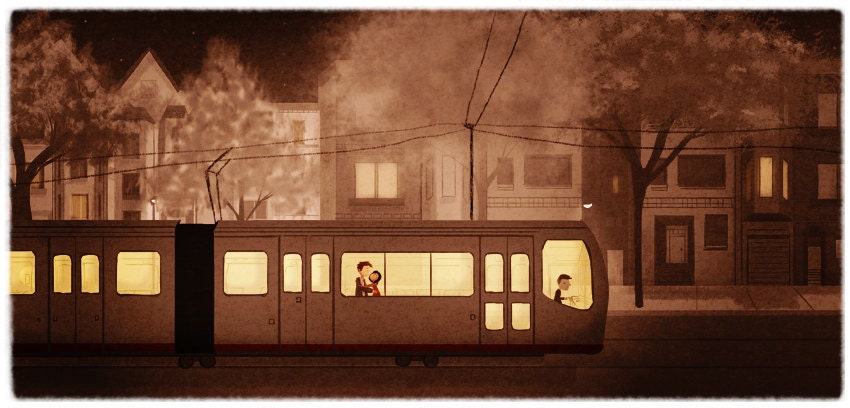 Train Art, Cute Couple, San Francisco, Muni, Gift for Couple, Wall Decor, Vintage Art - "Night Train" - Art Print 13x19
