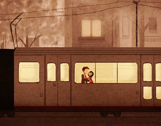 Train Art, Cute Couple, San Francisco, Muni, Gift for Couple, Wall Decor, Vintage Art - "Night Train" - Art Print 13x19