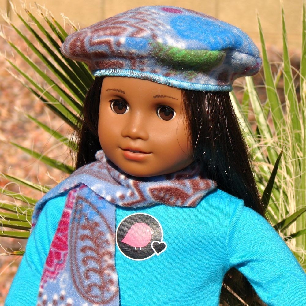 American Girl Doll Blue PInk Green Floral Fleece Beret Hat and Scarf Set Handmade in Scottsdale Arizona
