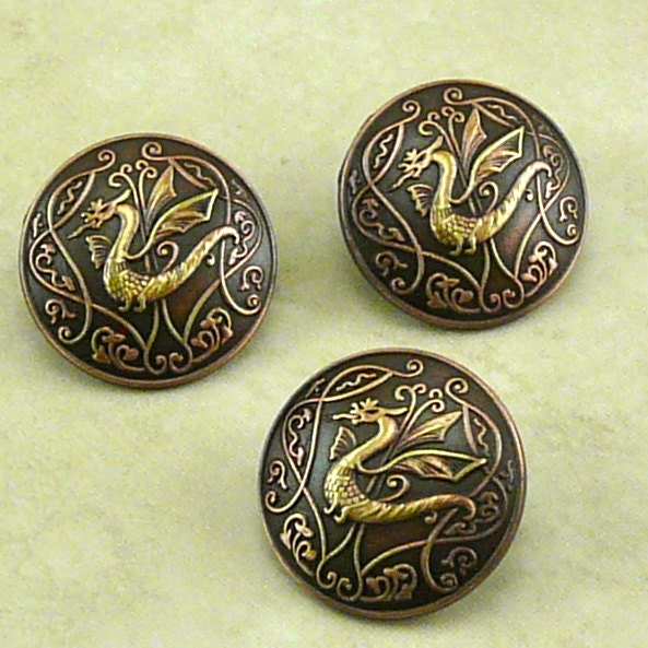 5/8" Draco Dragon Antique Copper Detailed Button Buttons
