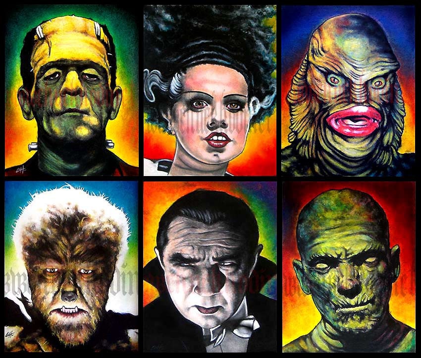 Prints 8x10" - Monsters - Classic - Set of 6 - Horror Dark Art Frankenstein Dracula Mummy Wolfman Vintage Spooky Halloween