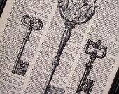 Key, Keys, Steampunk, Collection, Upcycled, We Three Keys 8 X 10 Key Print On Vintage Book Page