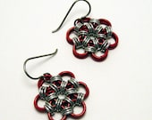 Red Flower Chain Maille Silver and Red Earrings