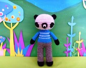 little jasper..............amigurumi panda teddy boy, grey slack and blue sweater, pale brown and black teddy bear boy,  plush doll crocheted