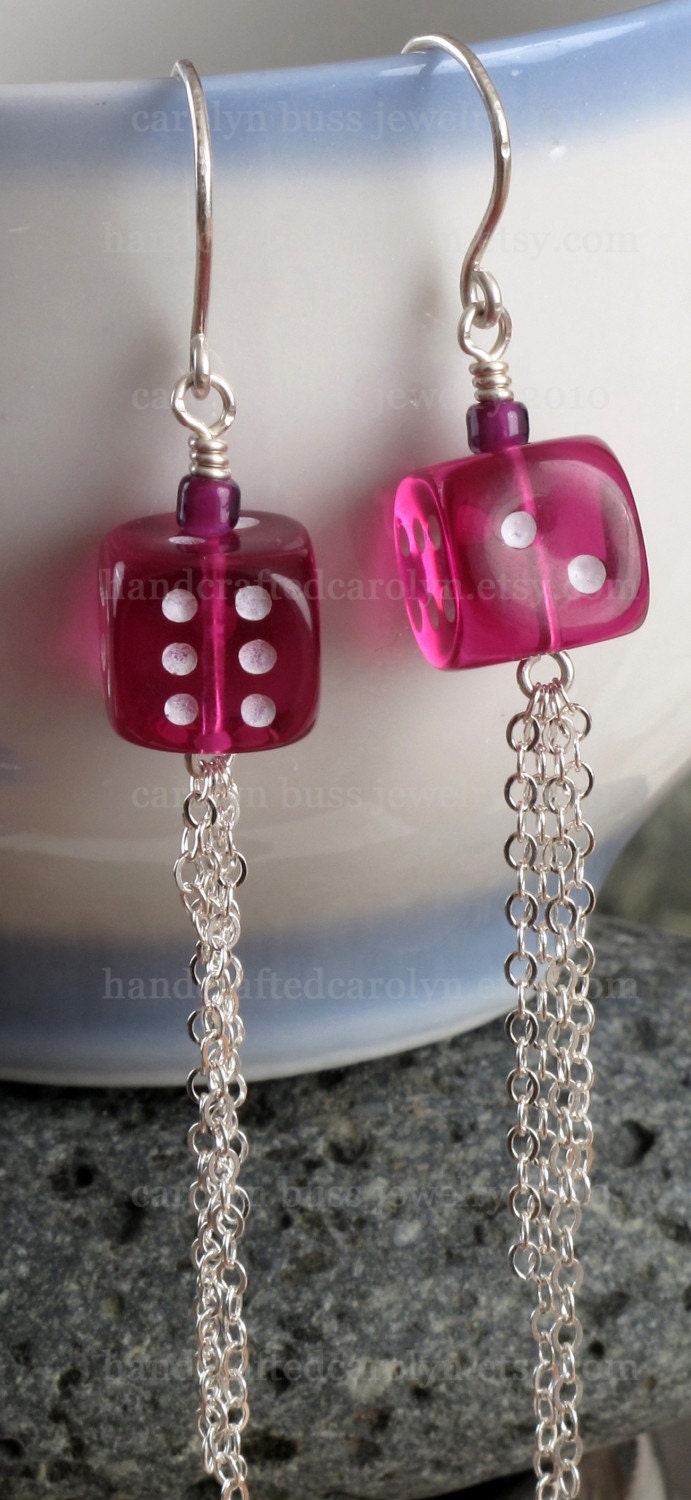 Classy GeekWear - Fuschia Dice Earrings - Sterling Silver Dangle