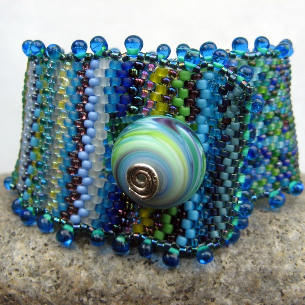 waterlilies, spring reflection cuff-- beadwoven bracelet in blues and greens-- handmade by thebeadedlily on etsy