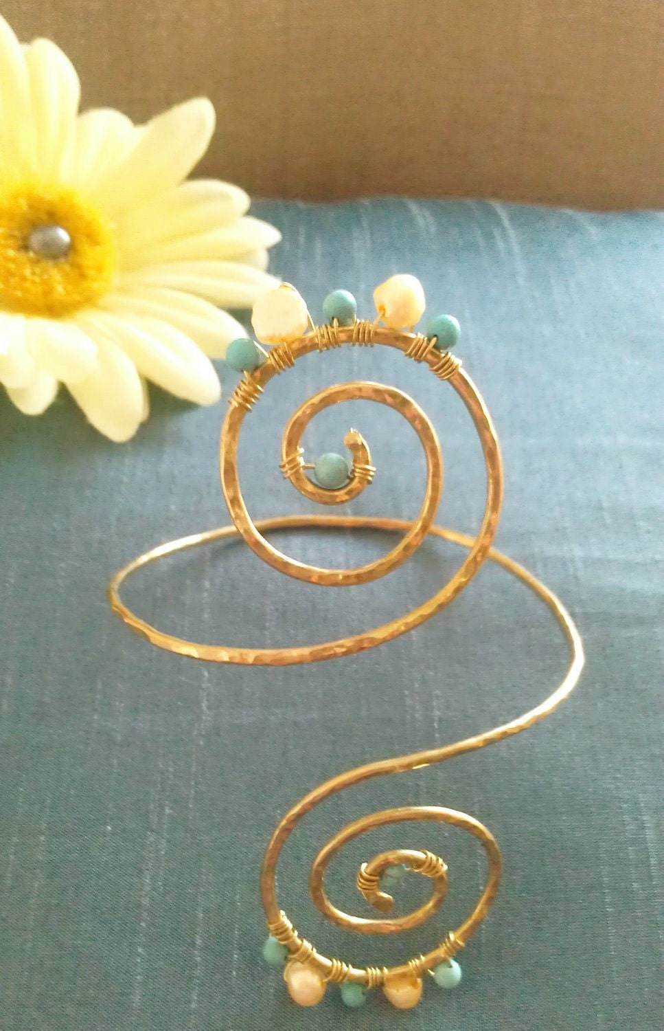 Yellow and Blue Grecian Swirl Upper Arm Cuff , Arm Band,  Armlet - Great for Proms or Weddings