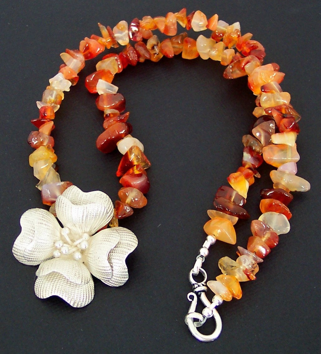 Carnelian and Sterling Silver Karen Hill Tribe Flower Pendant Necklace