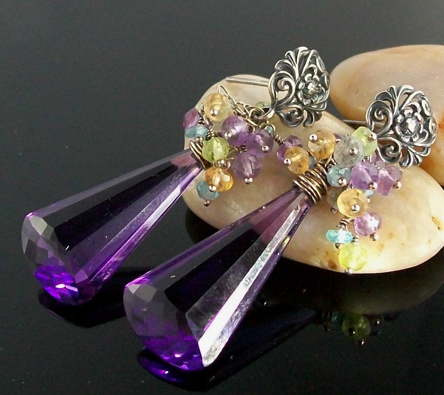 Purple Amethyst Elongated Briolettes Gemstone Cluster Sterling Silver Earrings