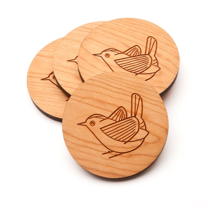 cherry wood coasters with wren pattern