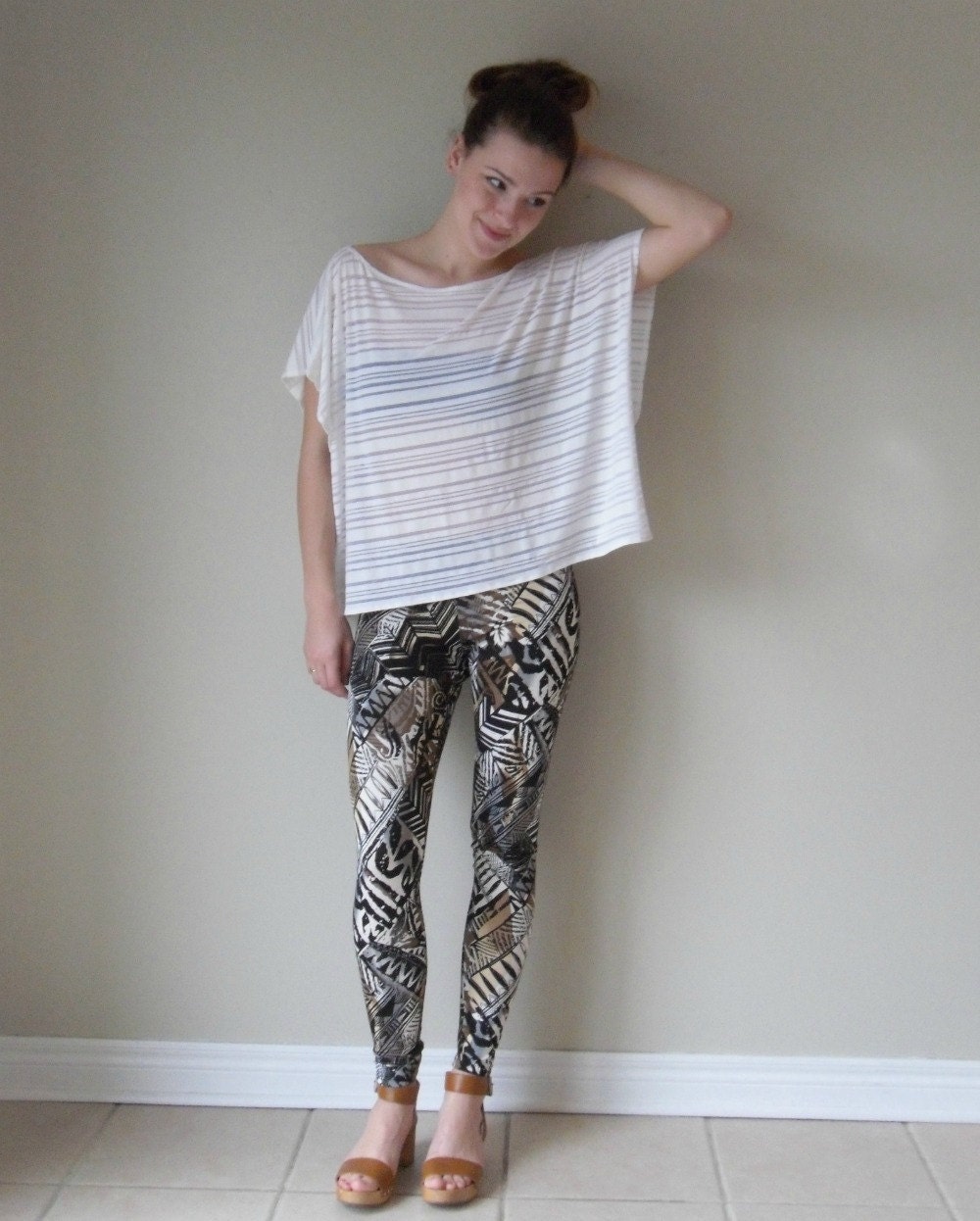 Leggings. Tribal print.  Brown, black, grey and white. xs, s, m, l