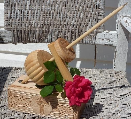 Mother Marion Spinning Wheel/Kick Spindle or Kick Wheel - Meggie - Celtic Cross Design - Solid Maple Base- Stunning
