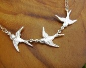Trio Necklace- Sterling Kissing Sparrow Love Cute Birds Pendant on Sterling Silver Chain with a Secure Sterling Spring Clasp