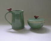 Ceramic Sugar and Creamer Set with Bird in Green