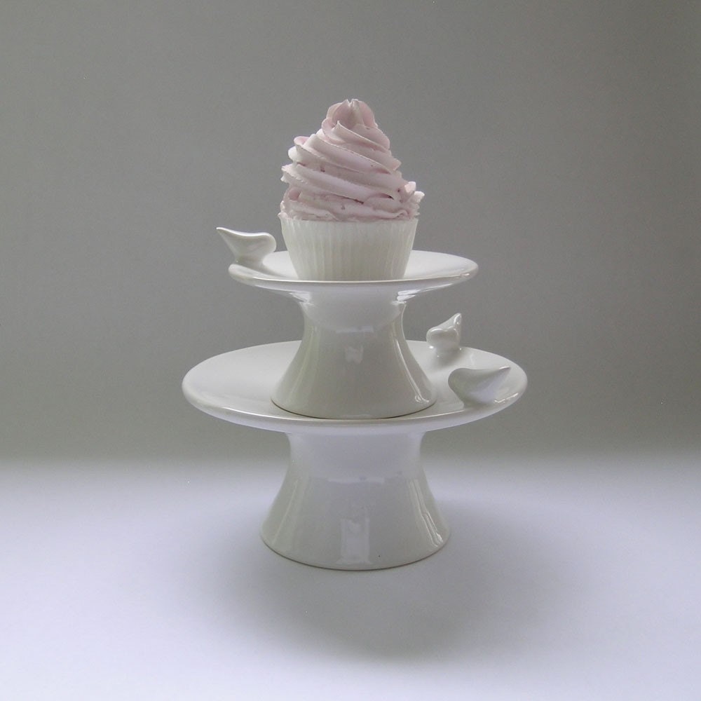 Ceramic Cupcake Stand Pair with Bird in White