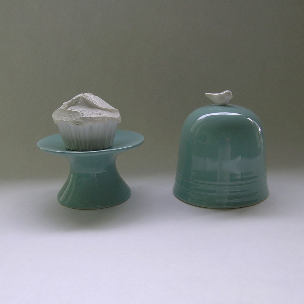 Cupcake Stand with Bird Bell Jar in Robin Egg Blue