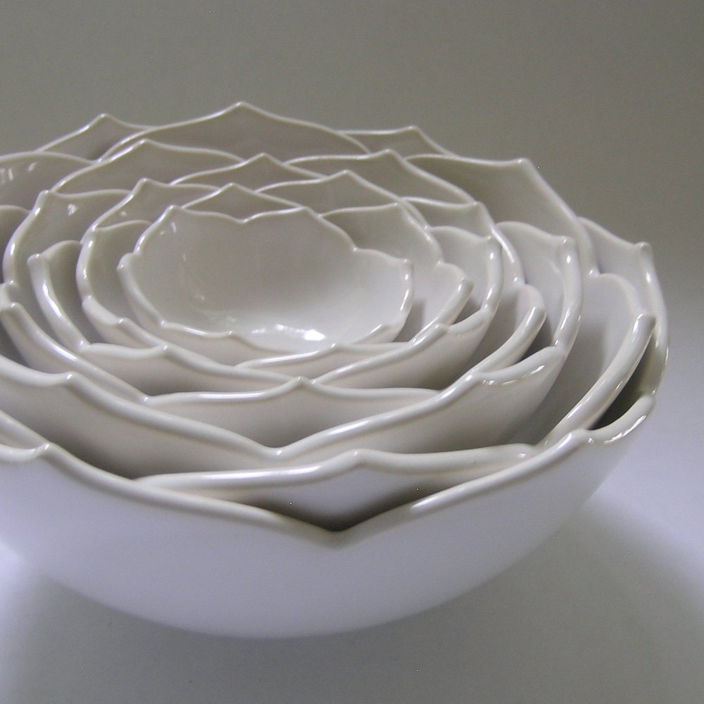 Seven Nesting Lotus Ceramic Bowls in Milk White