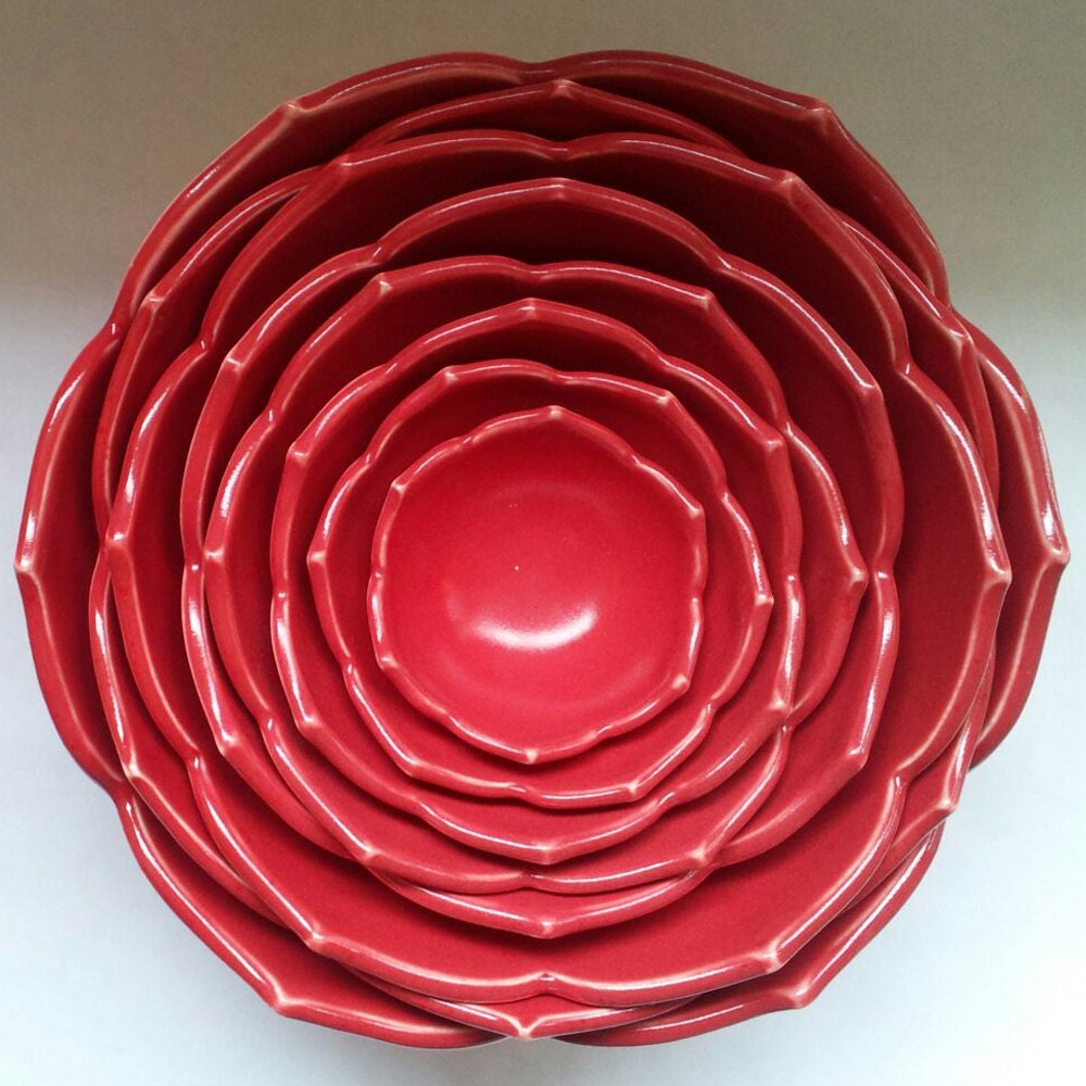 Eight Nesting Lotus Ceramic Bowls in Red