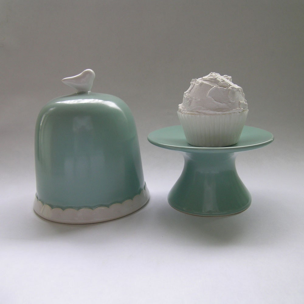 Bird Ceramic Cupcake Stand with Scallop Bell Jar in Robin Egg Blue