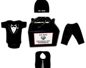 Baby Wedding Kit black white Tuxedo romper one piece layette Necktie Bib, Lil Man Hat pants and gift box