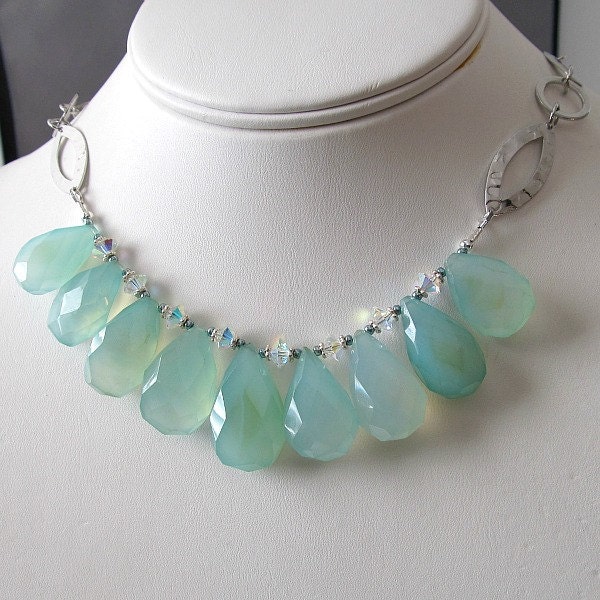 Aqua Chalcedony gemstone briolette necklace, beaded bib necklace with silver chain, beaded jewelry