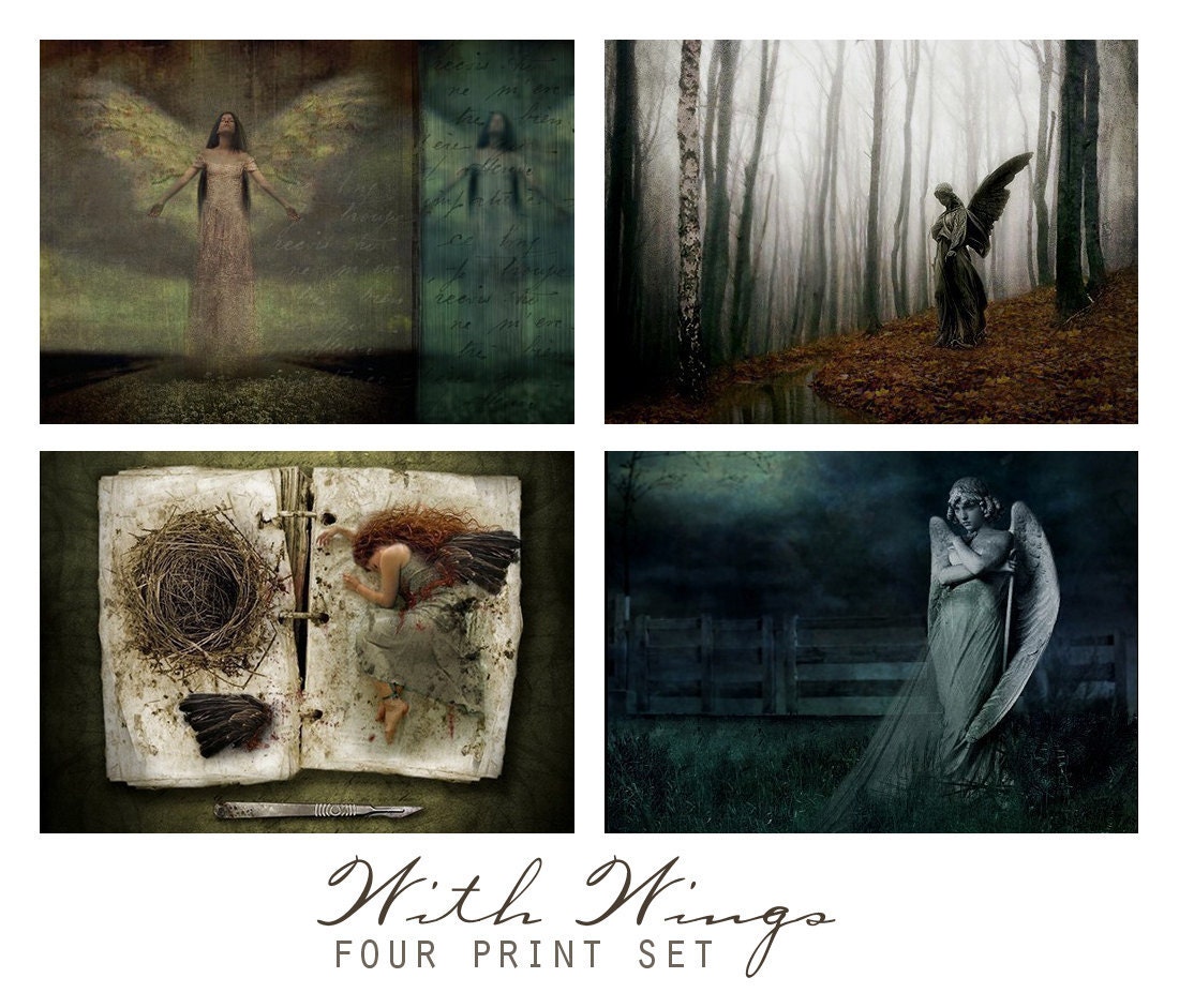 With Wings, Set of four 5x5 Fantasy Prints -  Wall Art Groupings, Angels, Fairies, Gothic Statue,