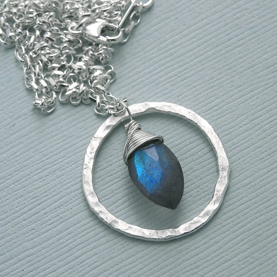 Labradorite Necklace - Sterling Silver - Marquis in Hammered Ring