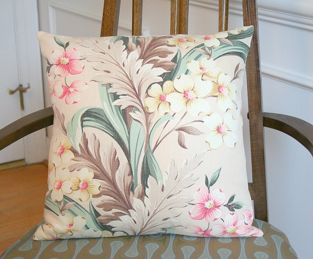 Vintage Barkcloth Dogwoods Pillow Cover FREE Shipping