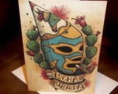 Blank Birthday Card Lucha Libre Mexican Traditional Tattoo Style Art 5x7 By Agorables Old School Wrestler in Mask