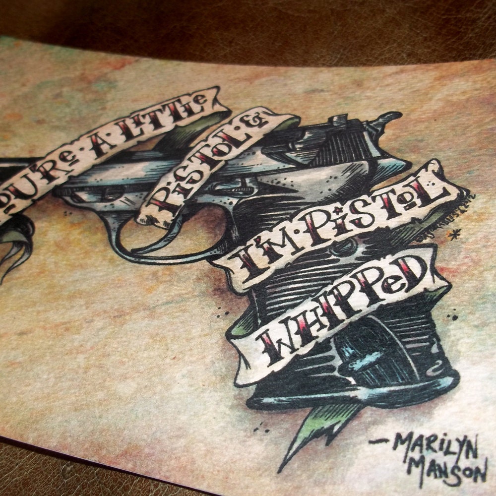 Romantic Marilyn Manson Gun Print  "Little Pistol" Love  5x7 Art Print by Agorables Undead Valentine's Day