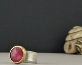 Pink Sapphire Ring 18k Yellow Gold Sterling Silver Ring Pink Rosecut Stone Jewelry