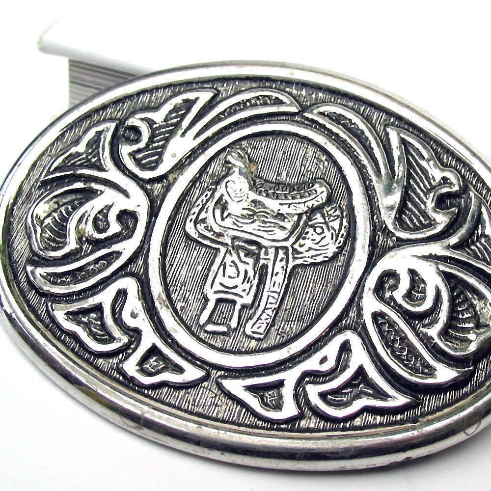 Buckle, Western Etched Silver Metal with Saddle Centerpiece, Reclaimed, Recycled, Western, Unisex, Men, Women, FUN