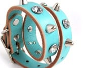 RESERVED For Carolyn - Leather Dog Collar in Aqua Blue with Crystal Rhinestones and Gentle Spikes, Size S, Small, 11-14 Neck